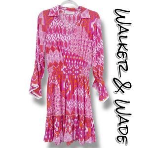 Walker & Wade Mia Dress Flamingo Ikat Smocked Waist Boho Mini Womens Size M